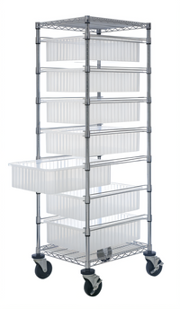 Quantum Mobile Bin Cart with 7 Clear Bins, Casters, and 2 Wire Shelves