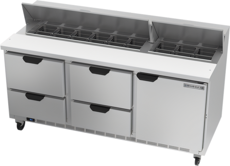 Product image #1 for Beverage-Air SPED72HC-18-4 Three-Section 72-Inch Sandwich Top Refrigerated Prep Table with 4 Drawers, 1 Door, and 18-Pan Rail