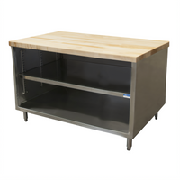 BK Resources 48 x 36 Inch Hard Maple Flat Top Chef Table with Open Front Stainless Steel Cabinet Base