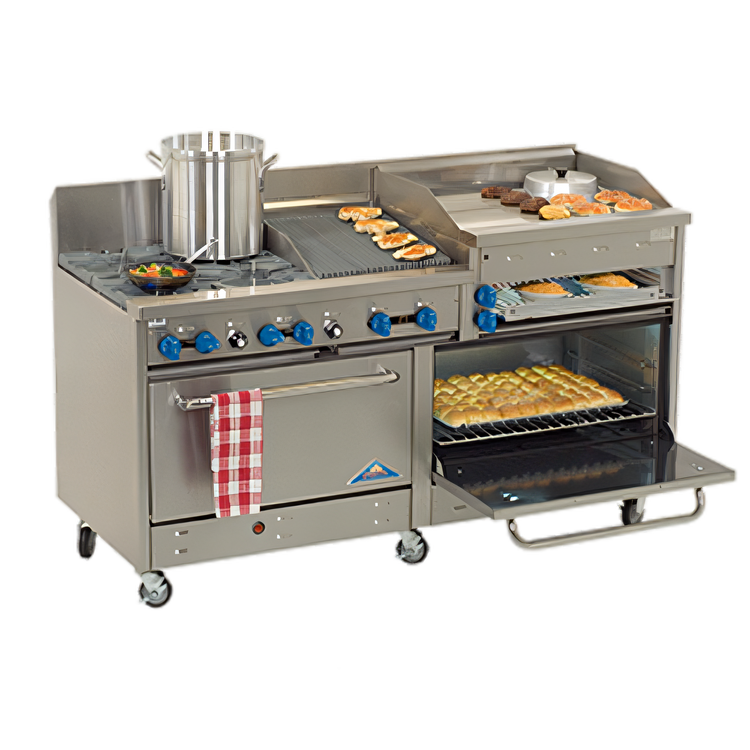 Product image #1 for Comstock-Castle 72-Inch Commercial Gas Range with 2 Open Burners, 30-Inch Raised Griddle, 30-Inch Charbroiler, and 2 Ovens