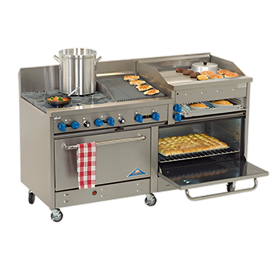 Product image #1 for Comstock-Castle 72-Inch Commercial Gas Range with 2 Open Burners, 30-Inch Raised Griddle, 30-Inch Charbroiler, and 2 Ovens