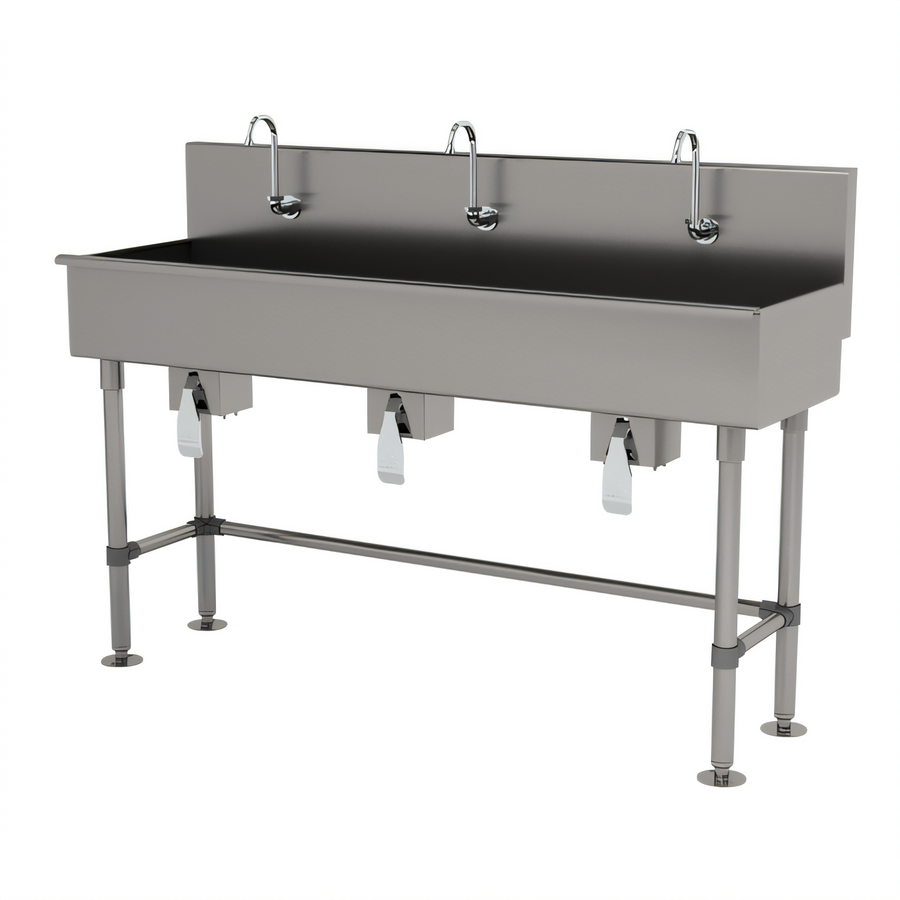 Product image #1 for Advance Tabco 19-FM-60KV 60-Inch Three-Station Freestanding Multiwash Hand Sink with Knee Valves and Gooseneck Spouts