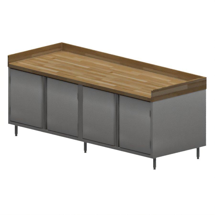 Product image #1 for BK Resources 96 Inch x 30 Inch Chef Table with Cabinet Base, Hinged Doors, and Hard Maple Bakers Top