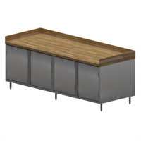 BK Resources 96 Inch x 30 Inch Chef Table with Cabinet Base, Hinged Doors, and Hard Maple Bakers Top