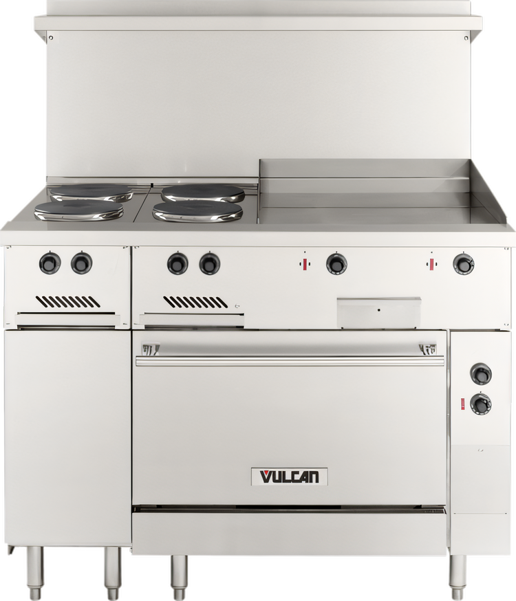 Product image #1 for Vulcan EV48S-4FP24G240 48-Inch Electric Restaurant Range with 4 French Hotplates, 24-Inch Griddle, and Standard Oven