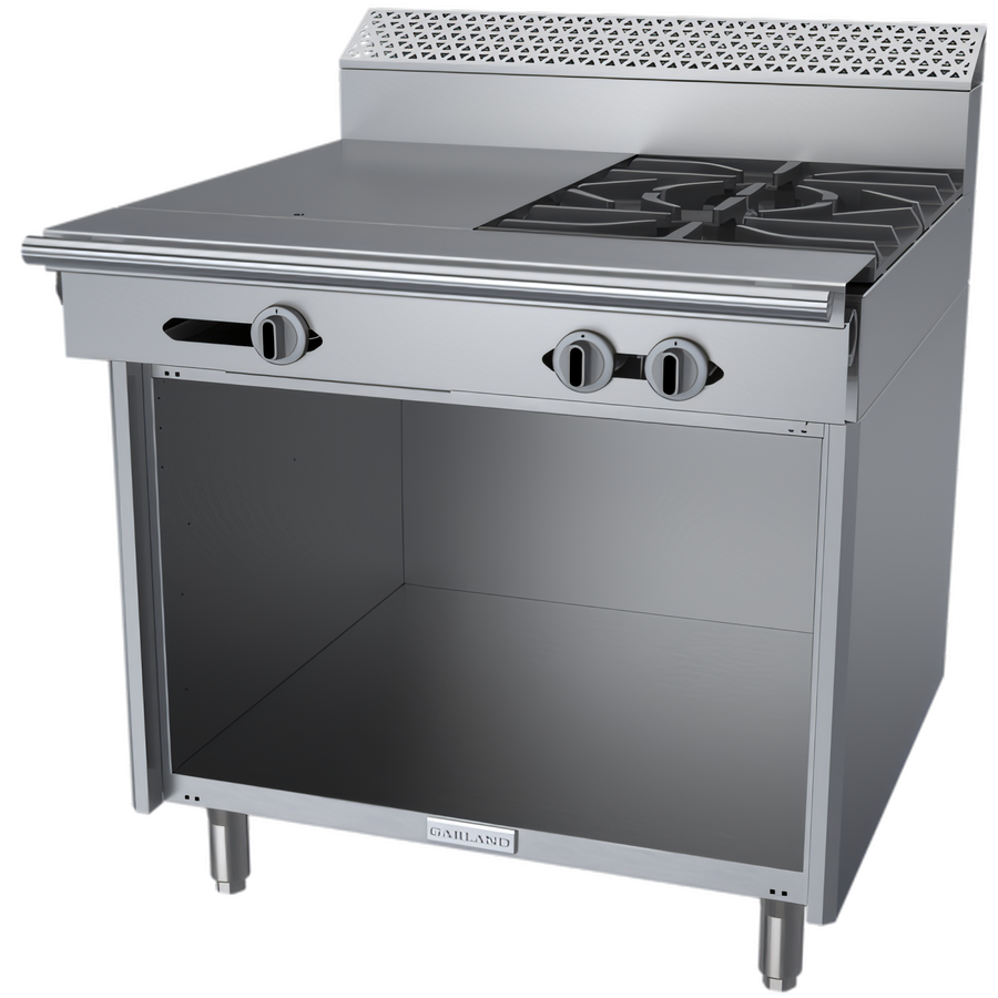 Product image #1 for Garland Cuisine Series Heavy Duty 36-Inch Gas Combination Top Range with 2 Open Burners, Right 18-Inch Even Heat Hot Top, and Storage Base