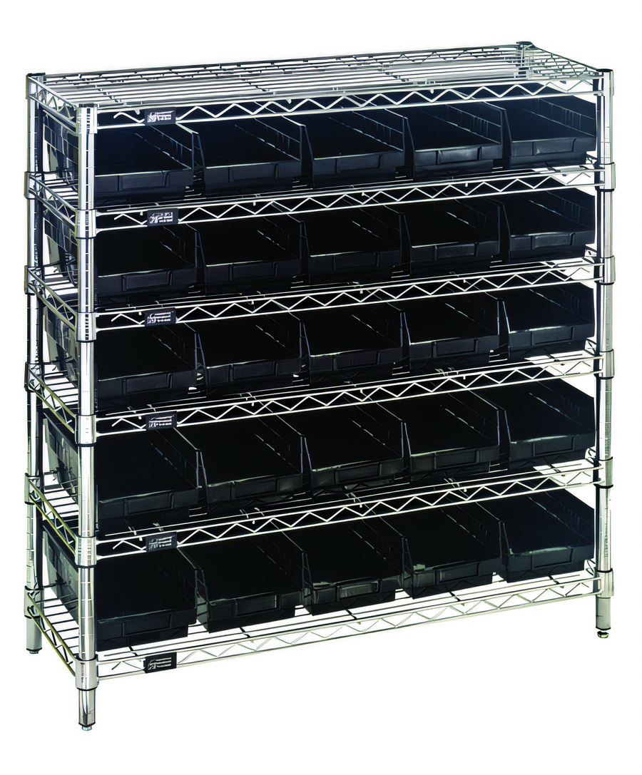 Product image #1 for Quantum Conductive Bin Wire Shelving System with 25 Clear Bins, 36W x 12D x 36H, Chrome Plated