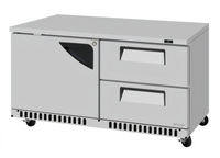 Turbo Air Super Deluxe Series 60-1/4 Inch Two-Section Undercounter Refrigerator with 1 Solid Door and 2 Drawers, 14.8 Cu. Ft., Front Breathing Airflow