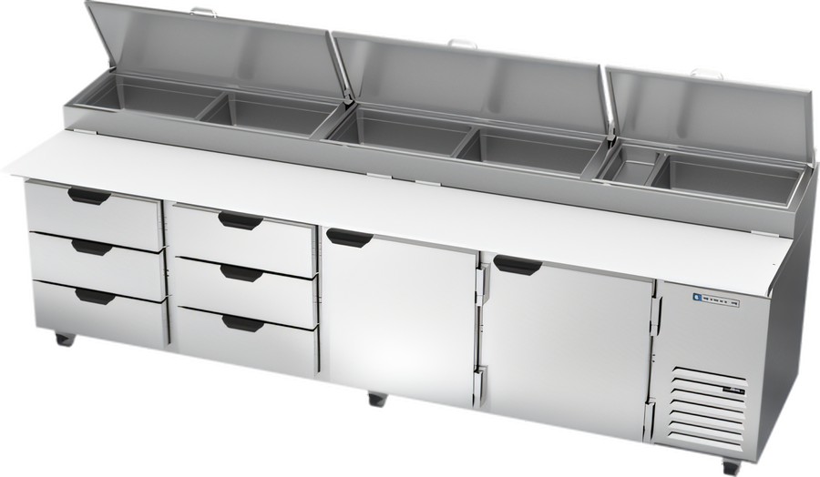 Product image #1 for Beverage-Air DPD119HC-6T Four-Section Pizza Top Refrigerated Counter, 119-Inch Wide, 6 Drawers, 2 Doors