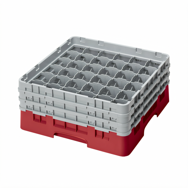 Product image #2 for Cambro Camrack® Full-Size 36-Compartment Glass Rack with 3 Soft Gray Extenders, Red