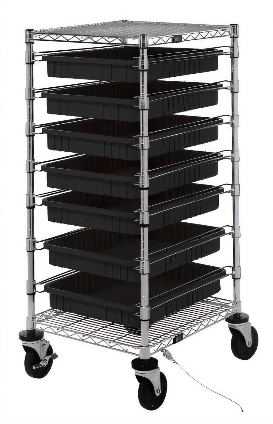 Product image #1 for Conductive Mobile Bin Cart with 7 Black Dividable Grid Containers, 2 Wire Shelves, 21 x 24 x 45 Inches, Chrome Finish