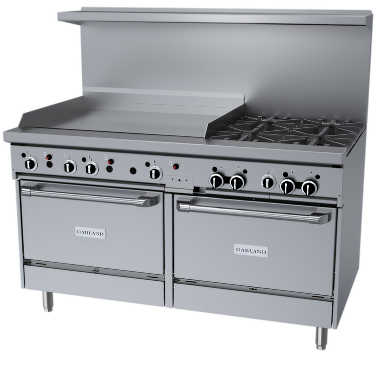 Product image #1 for Garland GF Starfire Pro 60-Inch Gas Restaurant Range with 4 Open Burners, 36-Inch Thermostatic Griddle, and 2 Standard Ovens