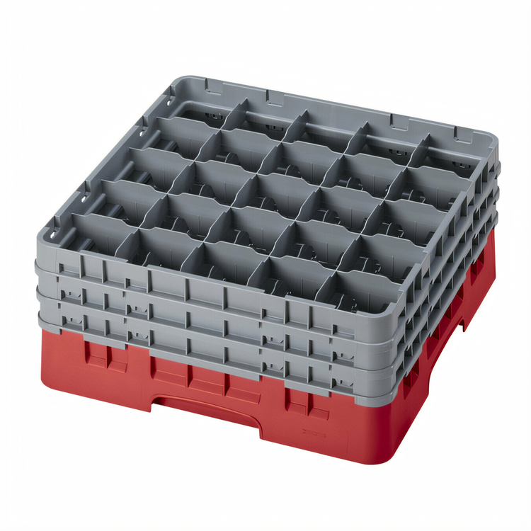 Product image #2 for Cambro Camrack Full-Size Low-Profile 25-Compartment Glass Rack with 3 Soft Gray Extenders, Red