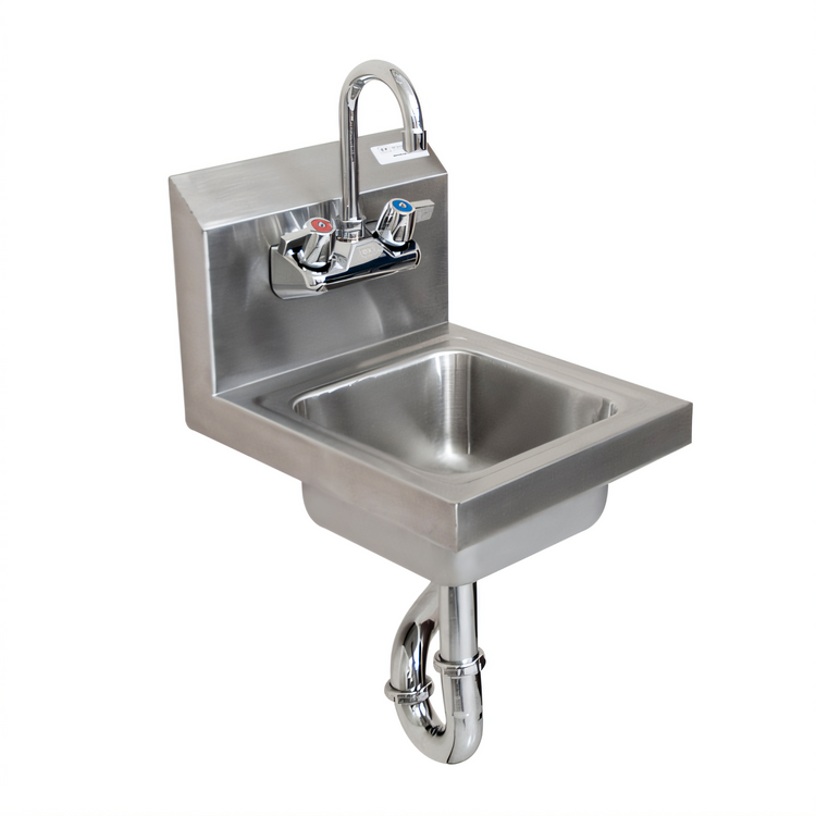 Product image #1 for BK Resources Space Saver Wall-Mount Hand Sink with 9 x 9 x 5 Inch Bowl, Faucet, P-Trap, and Basket Drain, 304 Stainless Steel