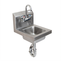 BK Resources Space Saver Wall-Mount Hand Sink with 9 x 9 x 5 Inch Bowl, Faucet, P-Trap, and Basket Drain, 304 Stainless Steel