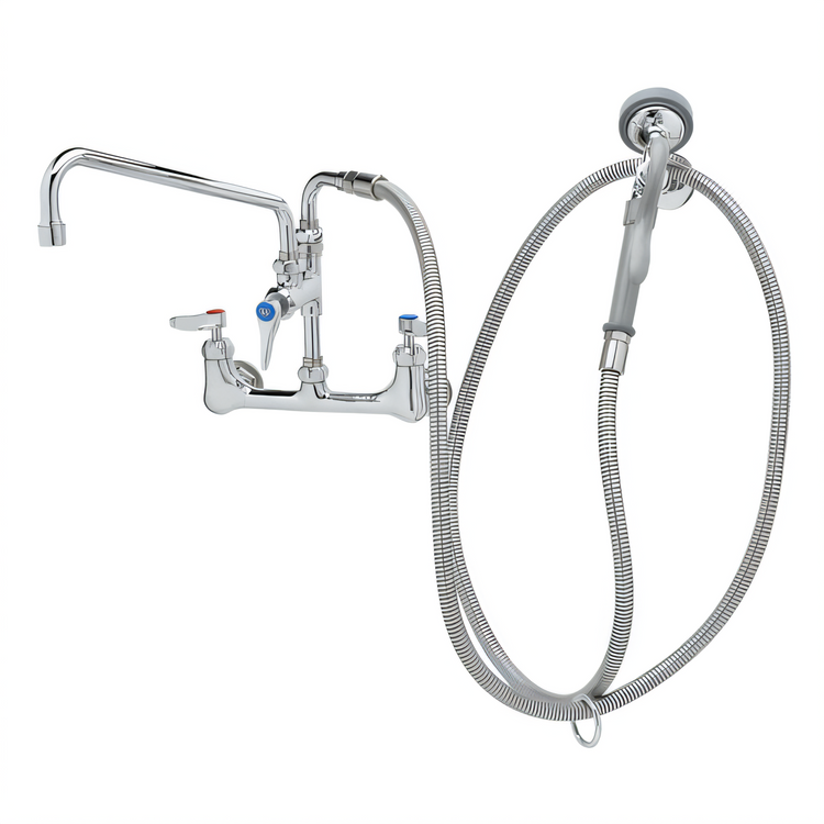Product image #1 for Wall-Mount Mixing Pre-Rinse Faucet Spray Assembly with 12-Inch Swing Nozzle and 104-Inch Hose
