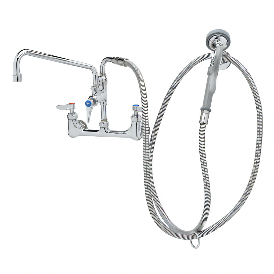 Product image #1 for Wall-Mount Mixing Pre-Rinse Faucet Spray Assembly with 12-Inch Swing Nozzle and 104-Inch Hose