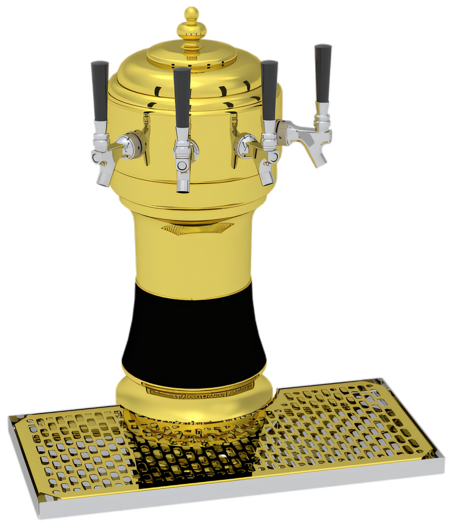 Product image #1 for Glastender Zeus 4-Faucet Countertop Draft Dispensing Tower with Surface-Mount Drain Pan, Polished Brass Finish