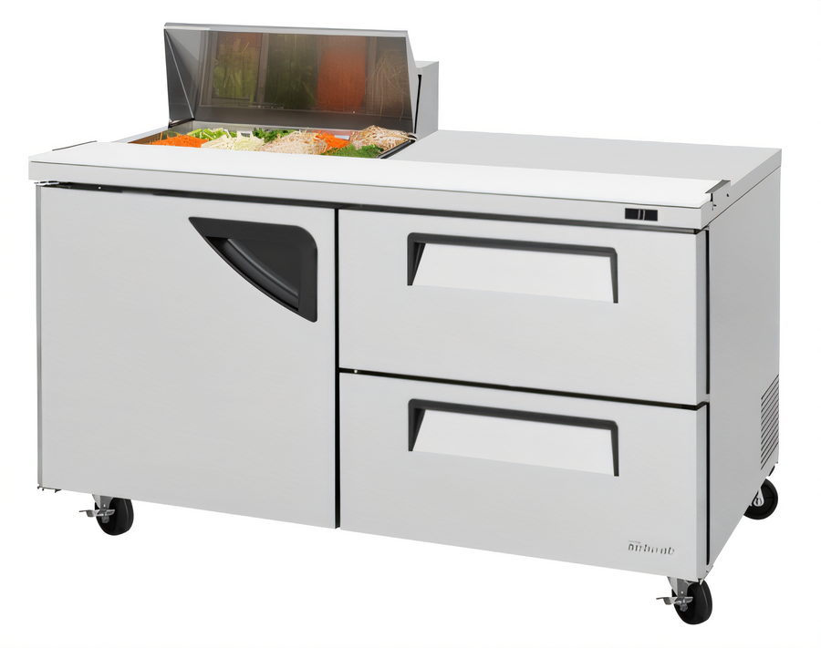 Product image #1 for Turbo Air Super Deluxe 2-Section Refrigerated Sandwich/Salad Prep Table with 8-Pan Opening, 2 Drawers and 1 Door