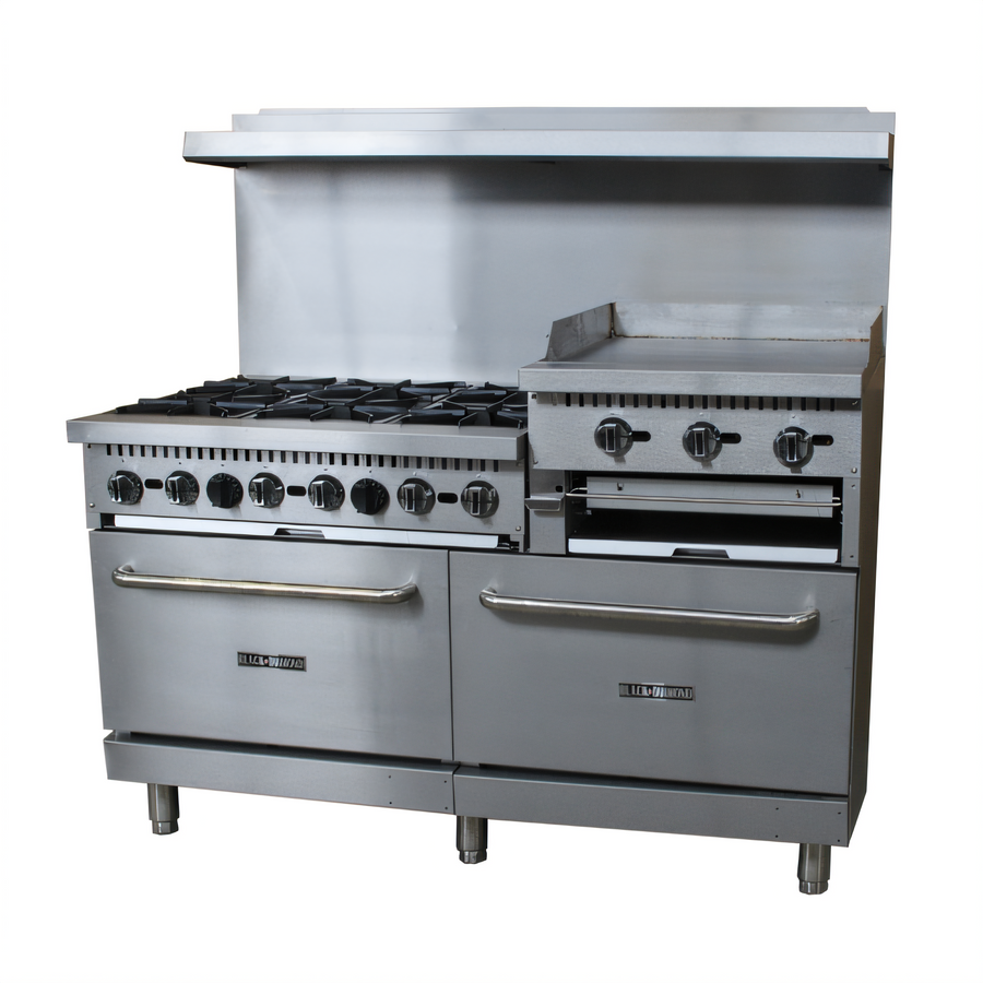 Product image #1 for Black Diamond 60-Inch Natural Gas Commercial Range with 6 Open Burners, Elevated Griddle/Broiler, and 2 Standard Ovens