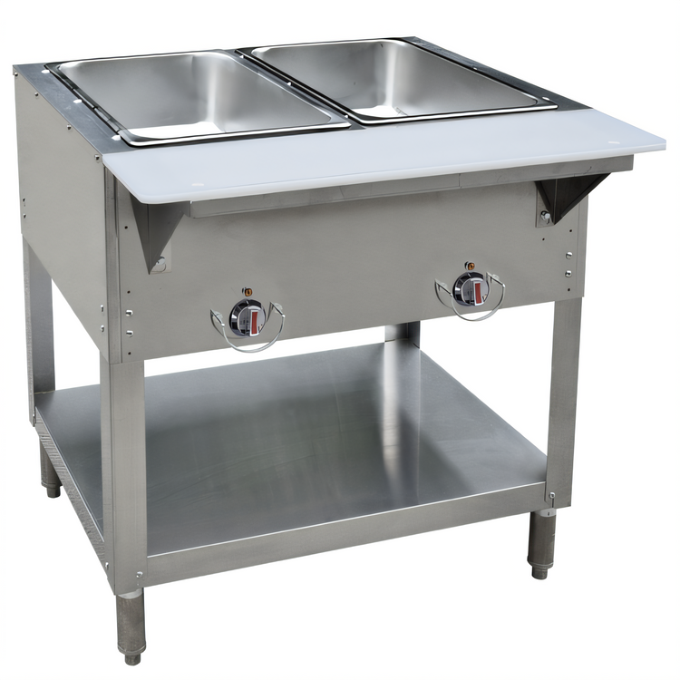 Product image #1 for BK Resources Two-Well Propane Stainless Steel Open-Well Steam Table with Cutting Board Shelf and Adjustable Undershelf