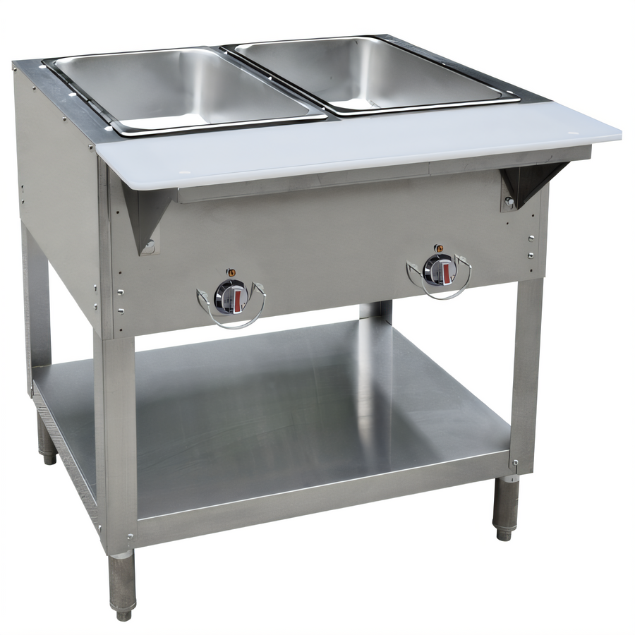 Product image #1 for BK Resources Two-Well Propane Stainless Steel Open-Well Steam Table with Cutting Board Shelf and Adjustable Undershelf
