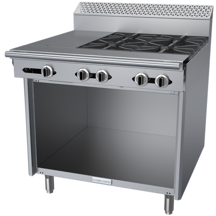 Product image #1 for Garland Cuisine Series 36-Inch Heavy Duty Gas Combination Top Range with 4 Open Burners, 12-Inch Hot Top, and Storage Base