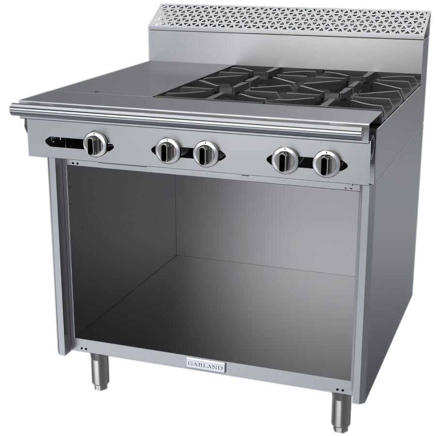 Product image #1 for Garland Cuisine Series 36-Inch Heavy Duty Gas Combination Top Range with 4 Open Burners, 12-Inch Hot Top, and Storage Base