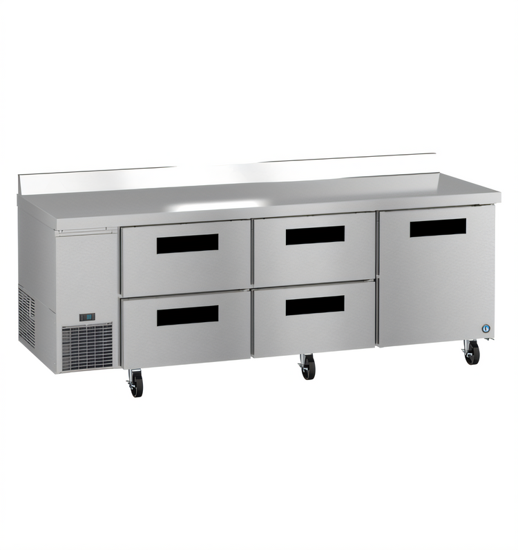 Product image #1 for Hoshizaki Steelheart 93-Inch Three-Section Stainless Steel Worktop Refrigerator with 1 Door and 4 Drawers