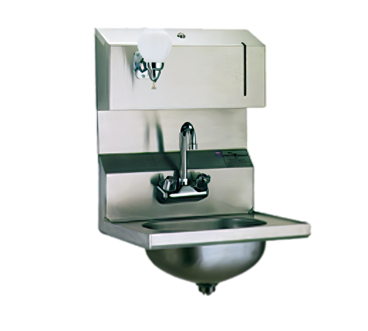 Product image #1 for Eagle Group Wall-Mount Hand Sink with Towel and Soap Dispensers, Splash-Mounted Gooseneck Faucet, Basket Drain, and 13-1/2" x 9-3/4" Bowl