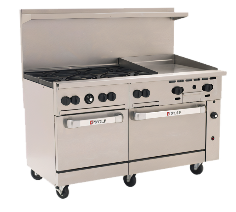 Product image #1 for Wolf Challenger XL™ 60-Inch Gas Restaurant Range with 6 Open Burners, 24-Inch Manual Griddle, and 2 Standard Ovens
