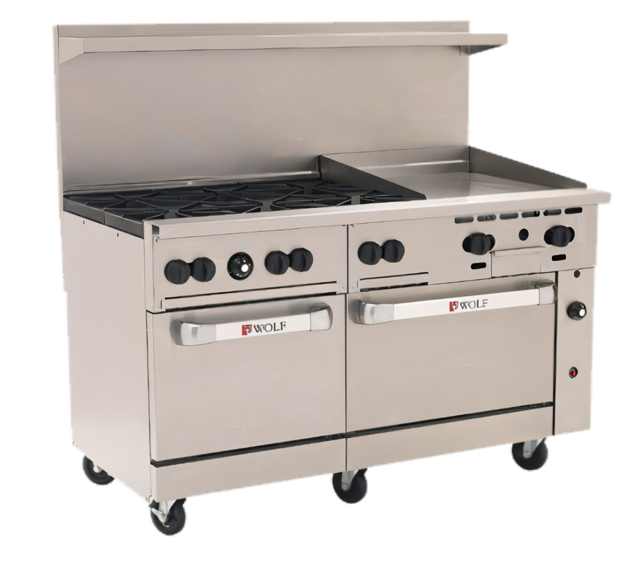 Product image #1 for Wolf Challenger XL™ 60-Inch Gas Restaurant Range with 6 Open Burners, 24-Inch Manual Griddle, and 2 Standard Ovens