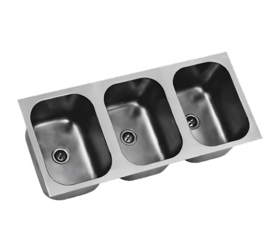 Product image #1 for Eagle Group Three-Compartment Weld-In Sink with Deep-Drawn Seamless Bowls, 10" W x 14" D x 9-1/2" Deep