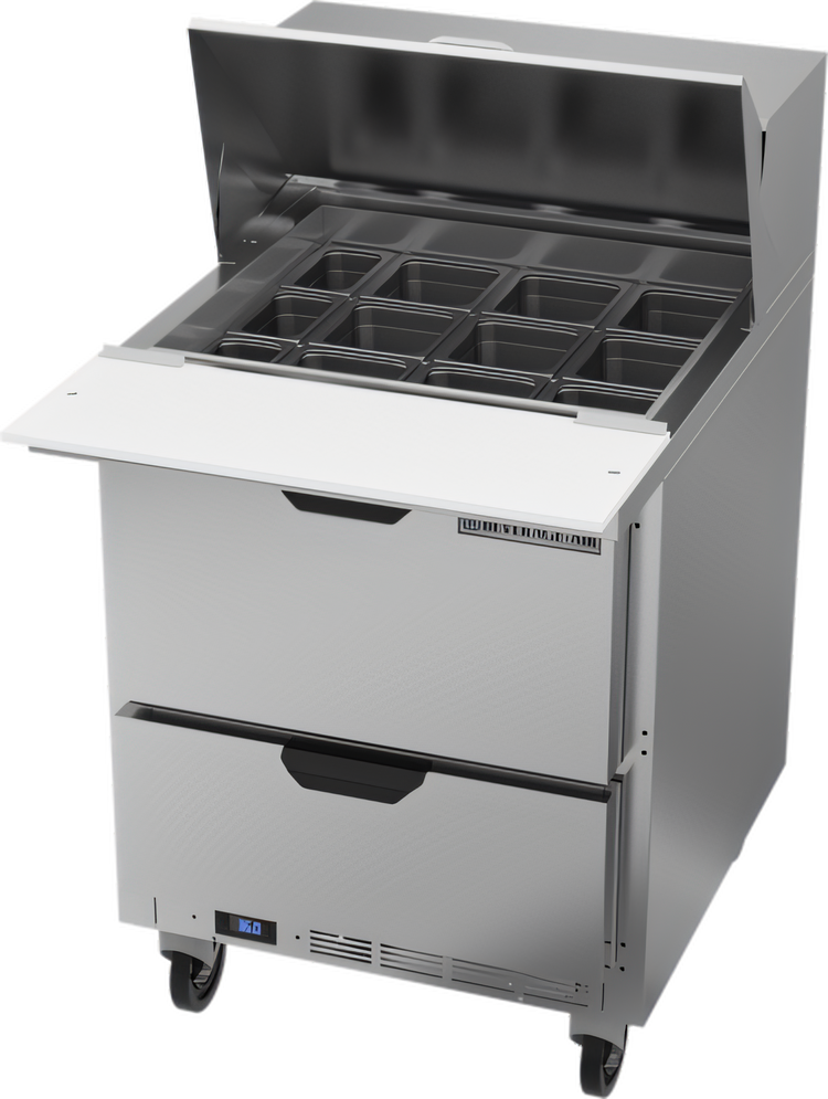 Product image #1 for Beverage Air 27-Inch One-Section Mega Top Refrigerated Prep Table with 2 Drawers and 12-Pan Top