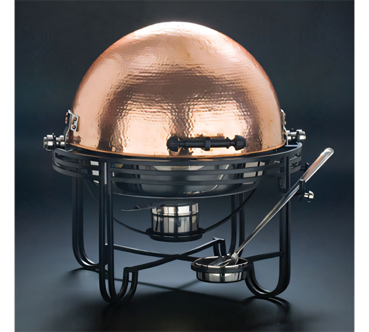Product image #1 for Mesa 6 Qt Round Hammered Copper 180° Roll-Top Chafer with Wrought Iron Stand