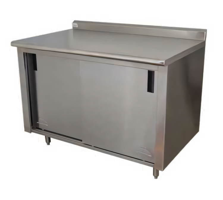 Product image #1 for Advance Tabco 108-Inch x 30-Inch Enclosed Work Table with Cabinet Base, Sliding Doors, 14-Gauge 304 Stainless Steel Top, and 1-1/2-Inch Rear Up-Turn