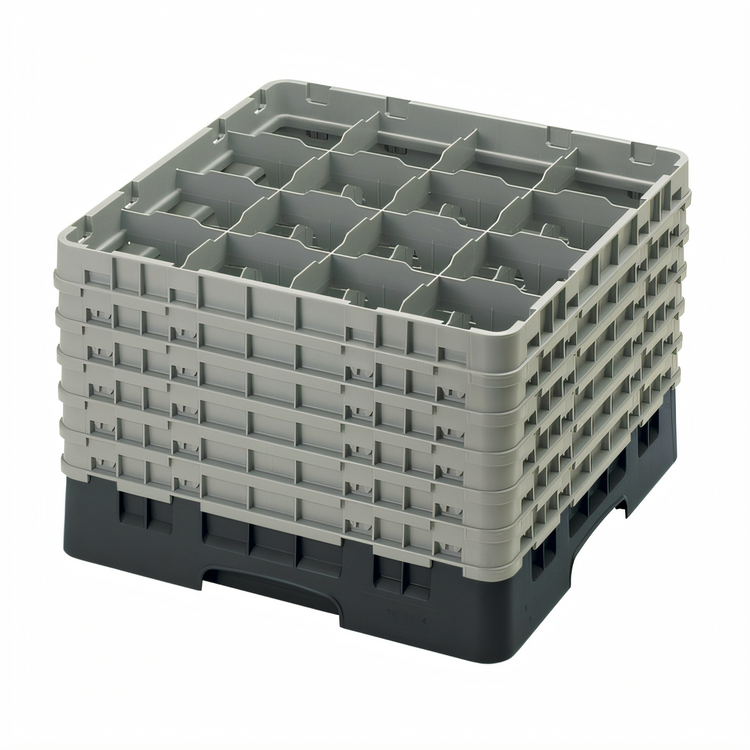 Product image #2 for Cambro Camrack Full-Size 16-Compartment Glass Rack with 6 Soft Gray Extenders, Black
