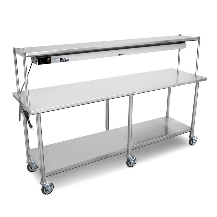 Product image #1 for John Boos 84-Inch x 24-Inch Stainless Steel Expediting Work Table with Overshelf and Mounted Infrared Food Warmer