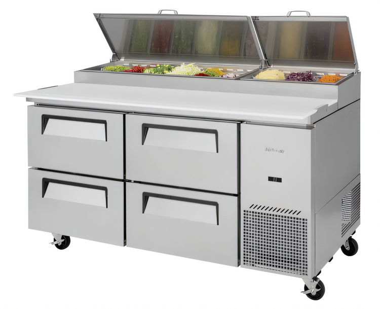 Product image #1 for Turbo Air Super Deluxe Two-Section Refrigerated Pizza Prep Table with 4 Drawers, 67-1/8 Inch Wide, 20 Cu. Ft.