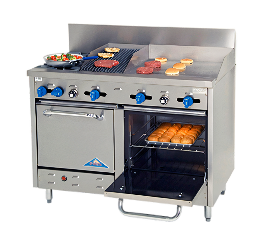 Product image #1 for Comstock-Castle 48-Inch Commercial Gas Range with 2 Open Burners, 24-Inch Griddle, 12-Inch Char-Broiler, and 2 Space-Saver Ovens