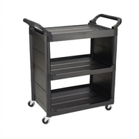 Rubbermaid Commercial Products Three-Shelf Plastic Utility Bus Cart, Black, with 3-Inch Swivel Casters
