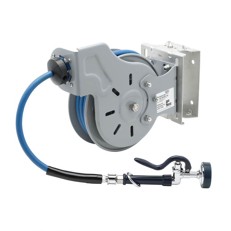 Product image #1 for Open Epoxy Coated Wall/Ceiling Mount Retractable Hose Reel with 3/8" x 15' Hose and High Flow Spray Valve