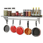 Thumbnail image #1 for Koolmore WMPS-1260 60-Inch Wall-Mounted Stainless Steel Shelf with Pot Rack and 5 Removable Hooks, 18-Gauge, 12-Inch Deep