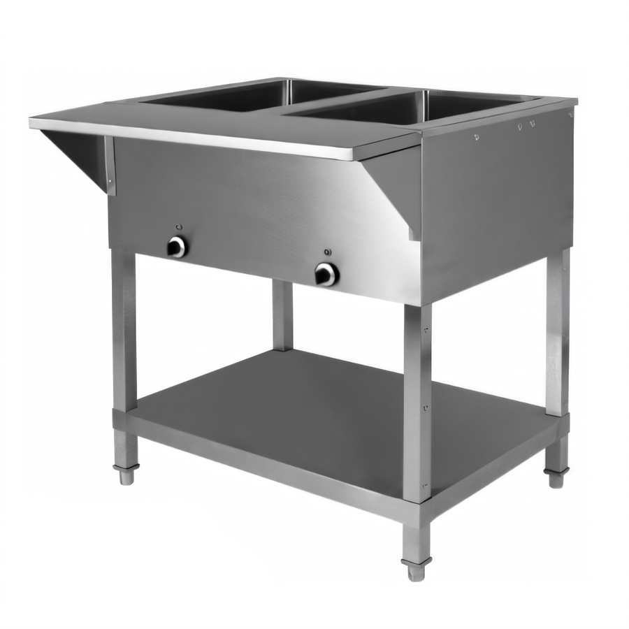 Product image #1 for Klinger's Trading SW2H120 2-Pan Sealed Well Electric Holding Table with Open Shelf Base