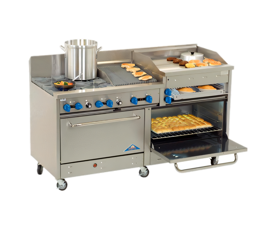 Product image #1 for Comstock-Castle 72-Inch Stainless Steel Commercial Gas Range with 8 Star Burners, 24-Inch Raised Griddle and 2 Extra-Wide Ovens
