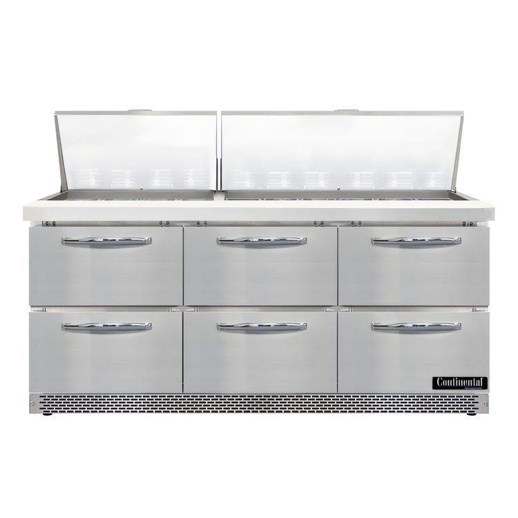 Product image #1 for Continental Refrigerator Designer Line Mighty Top 72" 3-Section Refrigerated Sandwich Prep Table with Drawers