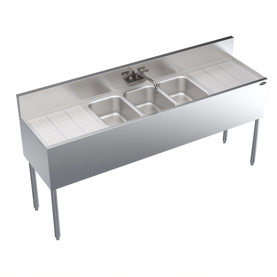Product image #1 for Krowne Royal Series Three-Compartment Underbar Sink Unit with Dual Integral Drainboards and Swing-Spout Faucet, 72-Inch