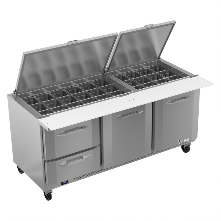 Product image #1 for Victory UltraSpec V-Core 72-Inch Three-Section Sandwich Prep Refrigerator with 2 Doors, 2 Drawers, and 30-Pan Top