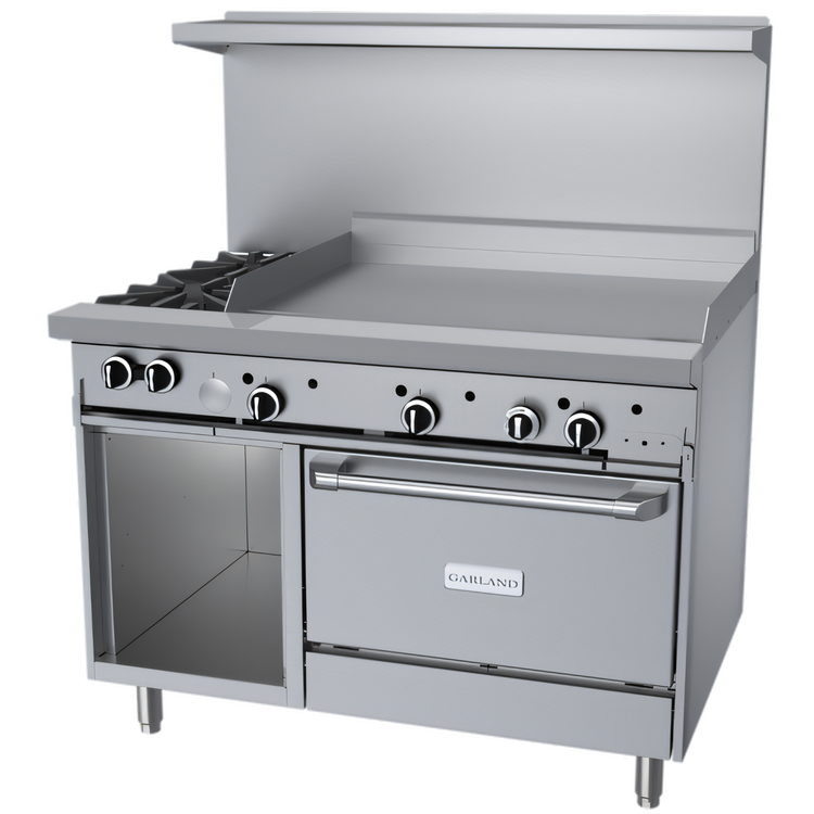 Product image #1 for Garland G Starfire Pro Series 48-Inch Gas Restaurant Range with 2 Open Burners, 36-Inch Griddle, Standard Oven and Storage Base