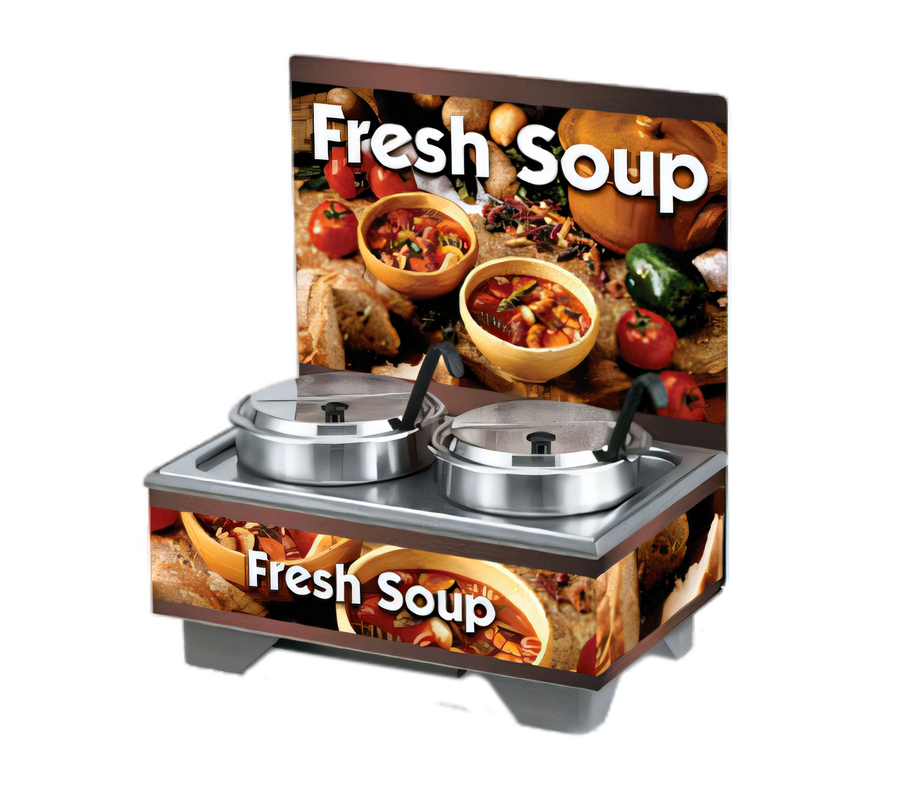 Product image #1 for Vollrath Cayenne Full-Size Rethermalizing Soup Merchandiser Base with Flush-Mount Menu Board, Country Kitchen Graphics, and 7 Qt Accessory Pack